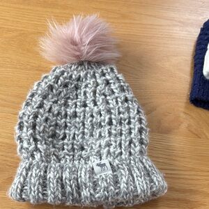 Cozy Gray Knit Beanie with Pink Pom-Pom